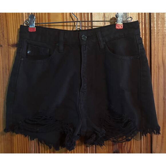 KANCAN HIGH RISE DISTRESSED DENIM SHORTS: BLACK SIZE SMALL - Picture 2 of 4